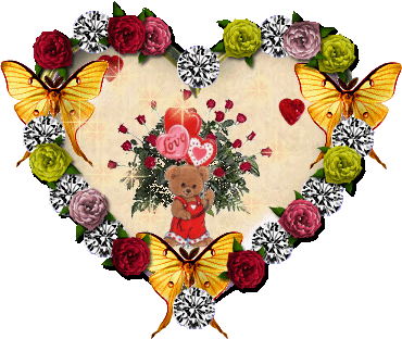 un coeur avecx des roses et un nounours